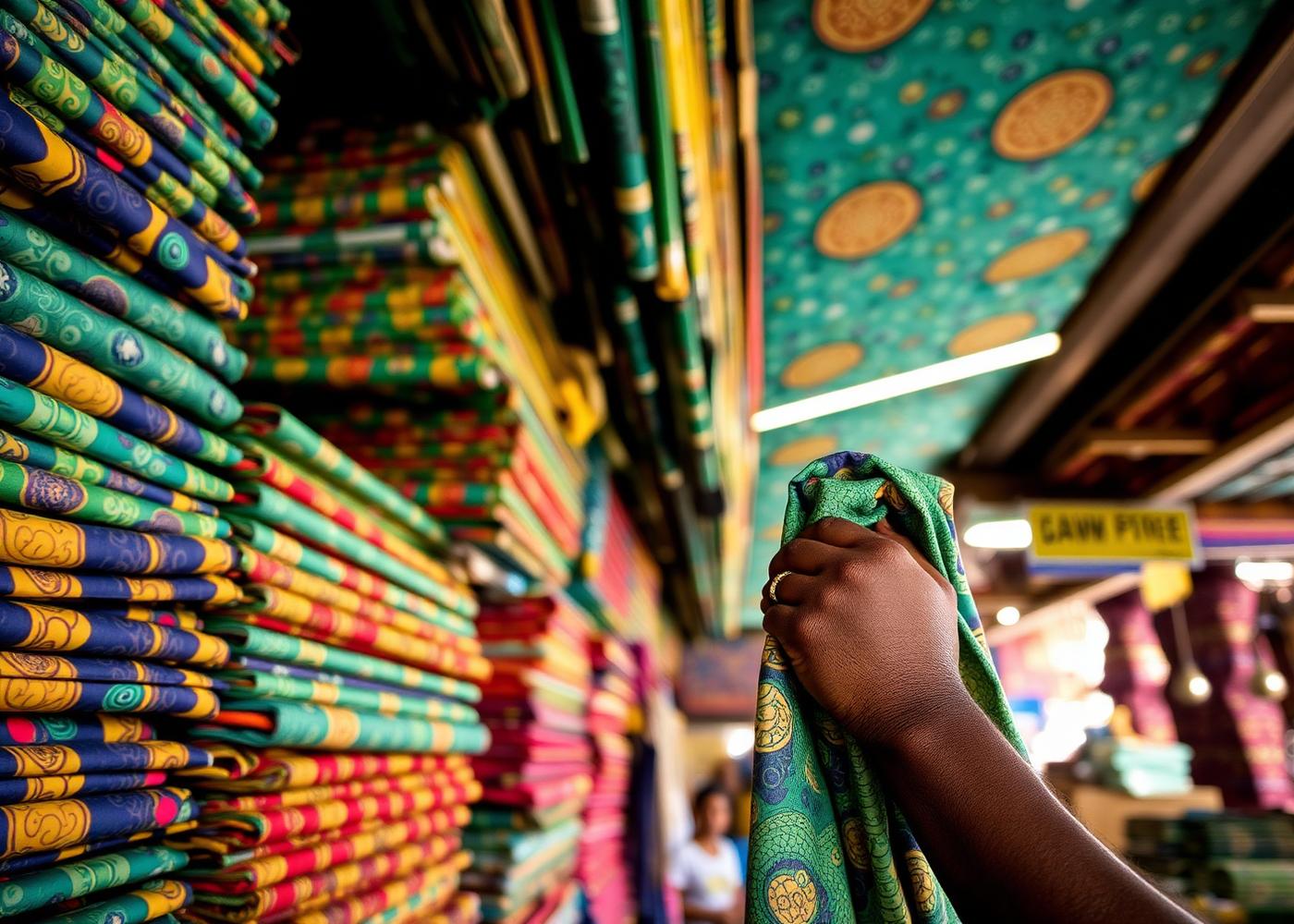 Stacks of Ankara fabric at Balogun market
