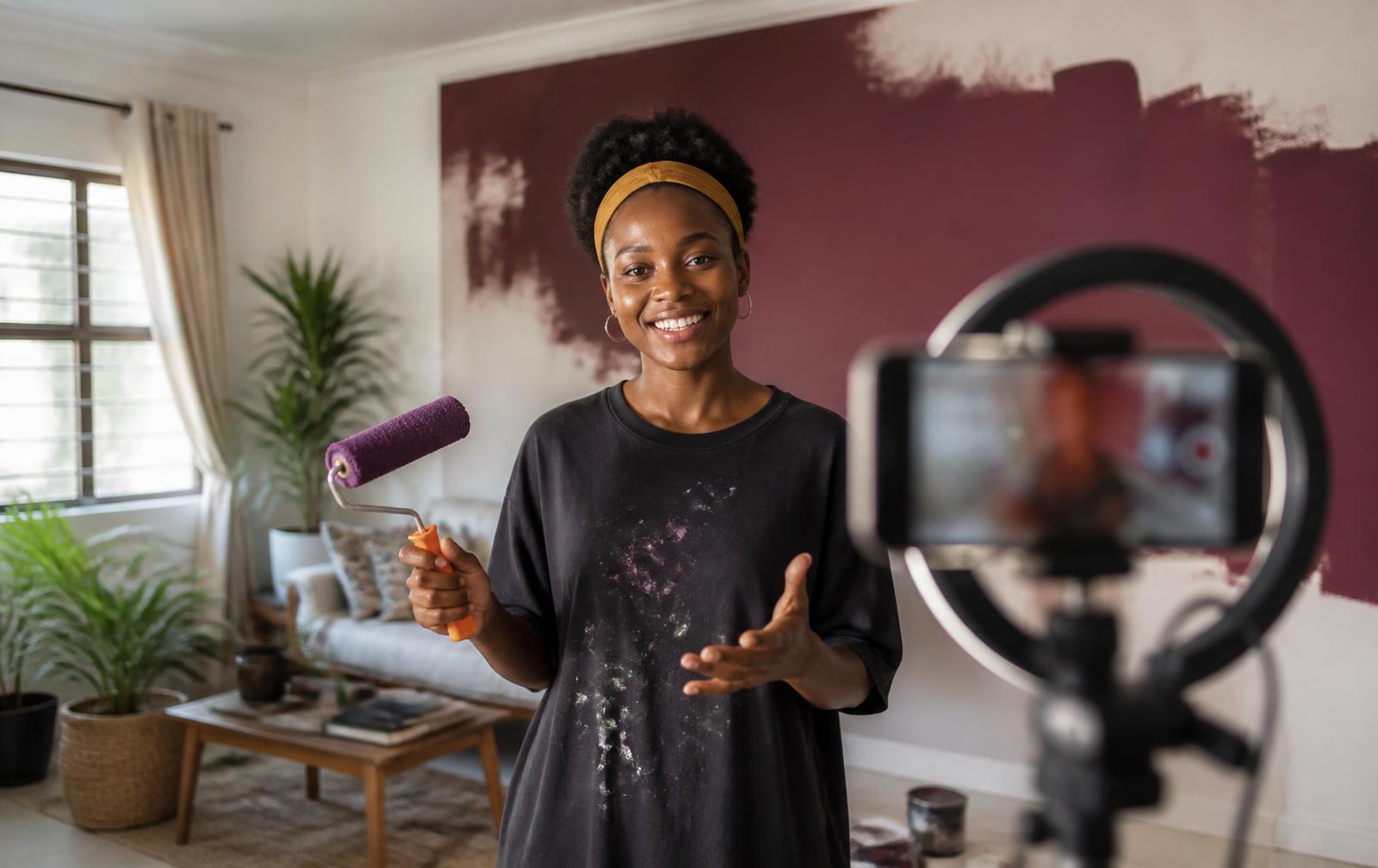 A Nigerian creator filming a DIY room transformation video for Instagram
