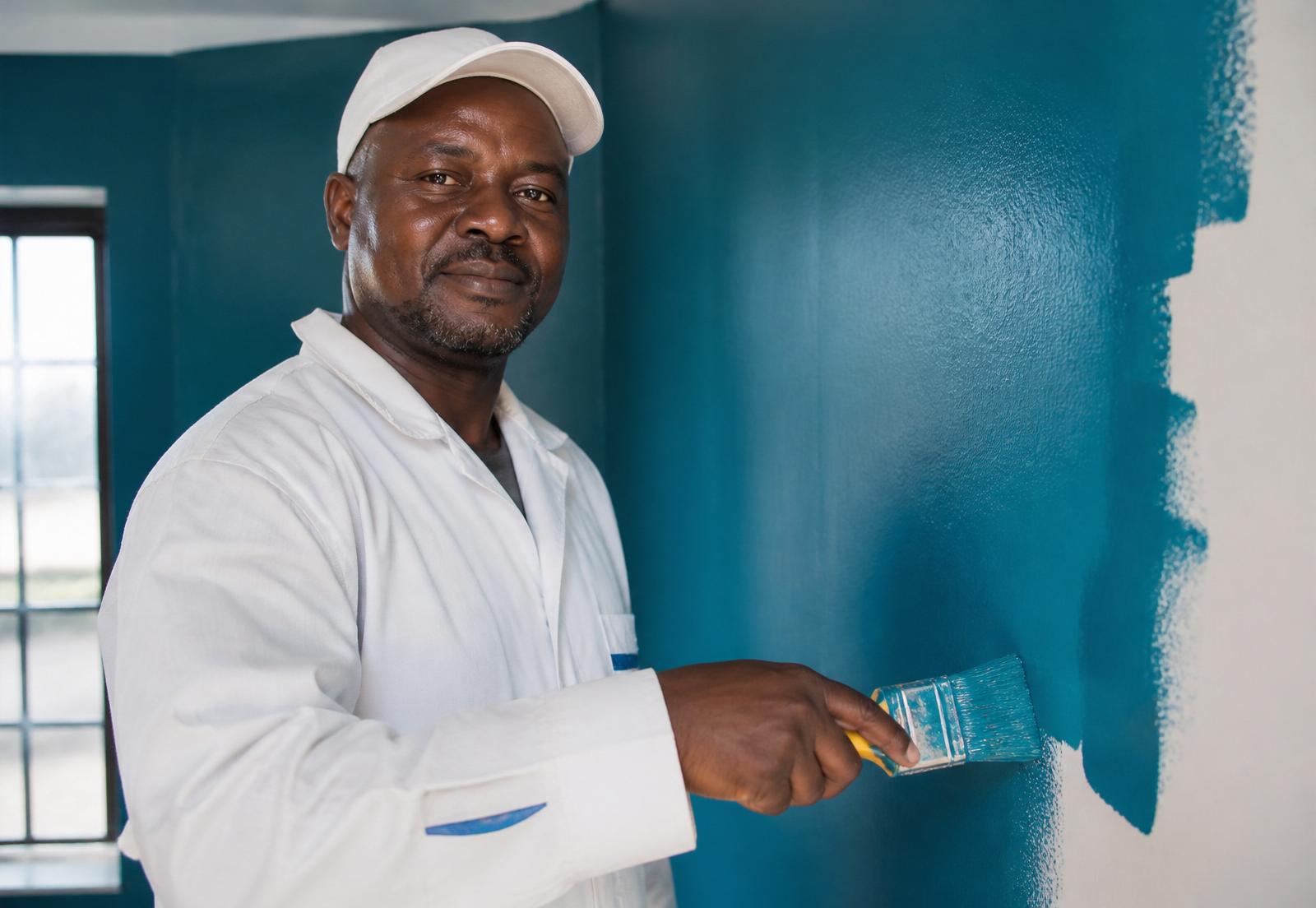 A Nigerian painting contractor at work with a rich Dulux colour behind him