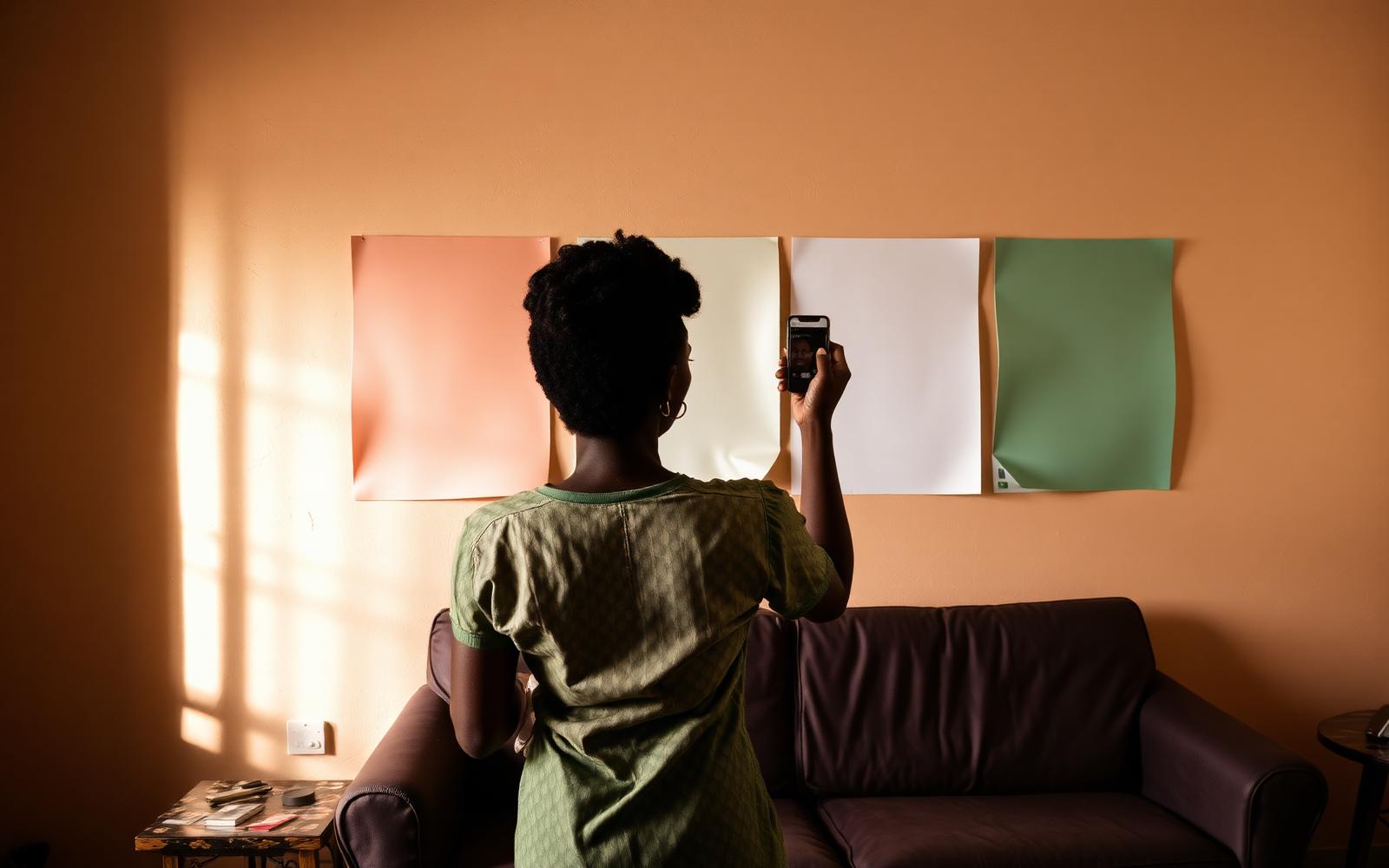 A Nigerian living room wall covered in Dulux peel and stick colour swatches