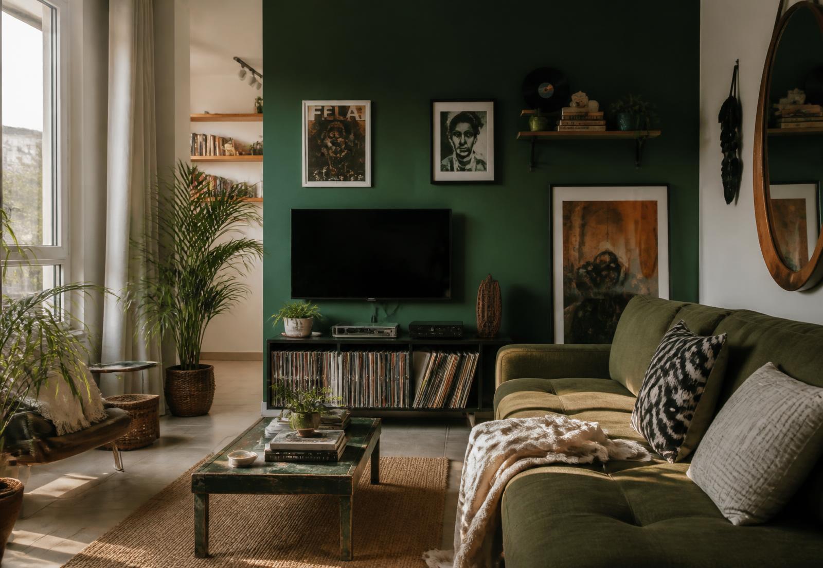 A small Lagos apartment with a bold Spruce feature wall, plants and a record player
